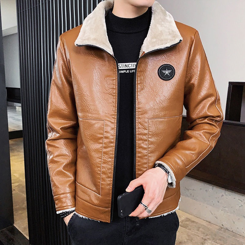 Herren Kunstlederjacke Regular Fit Fleecekragen