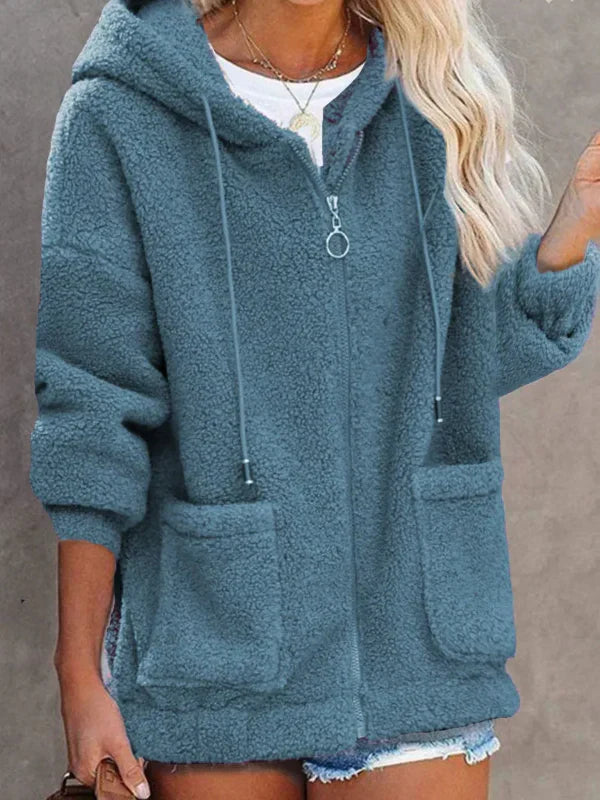 Damen Teddyjacke Oversized Kapuze Reißverschluss Beige - Norvielle