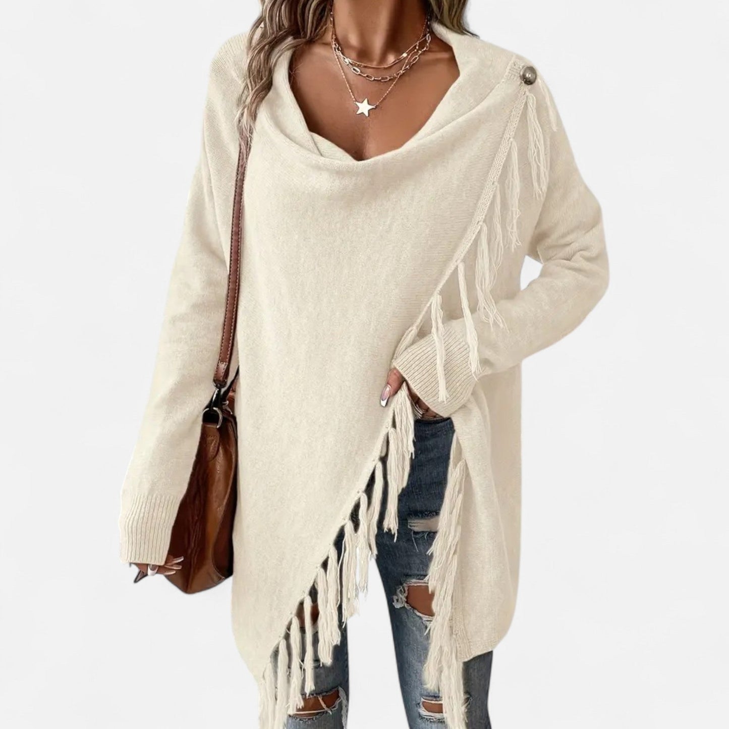 Damen Fransen-Pullover V-Ausschnitt mit Tasseln