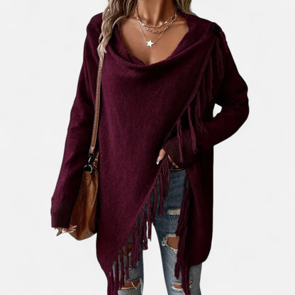 Damen Fransen-Pullover V-Ausschnitt mit Tasseln