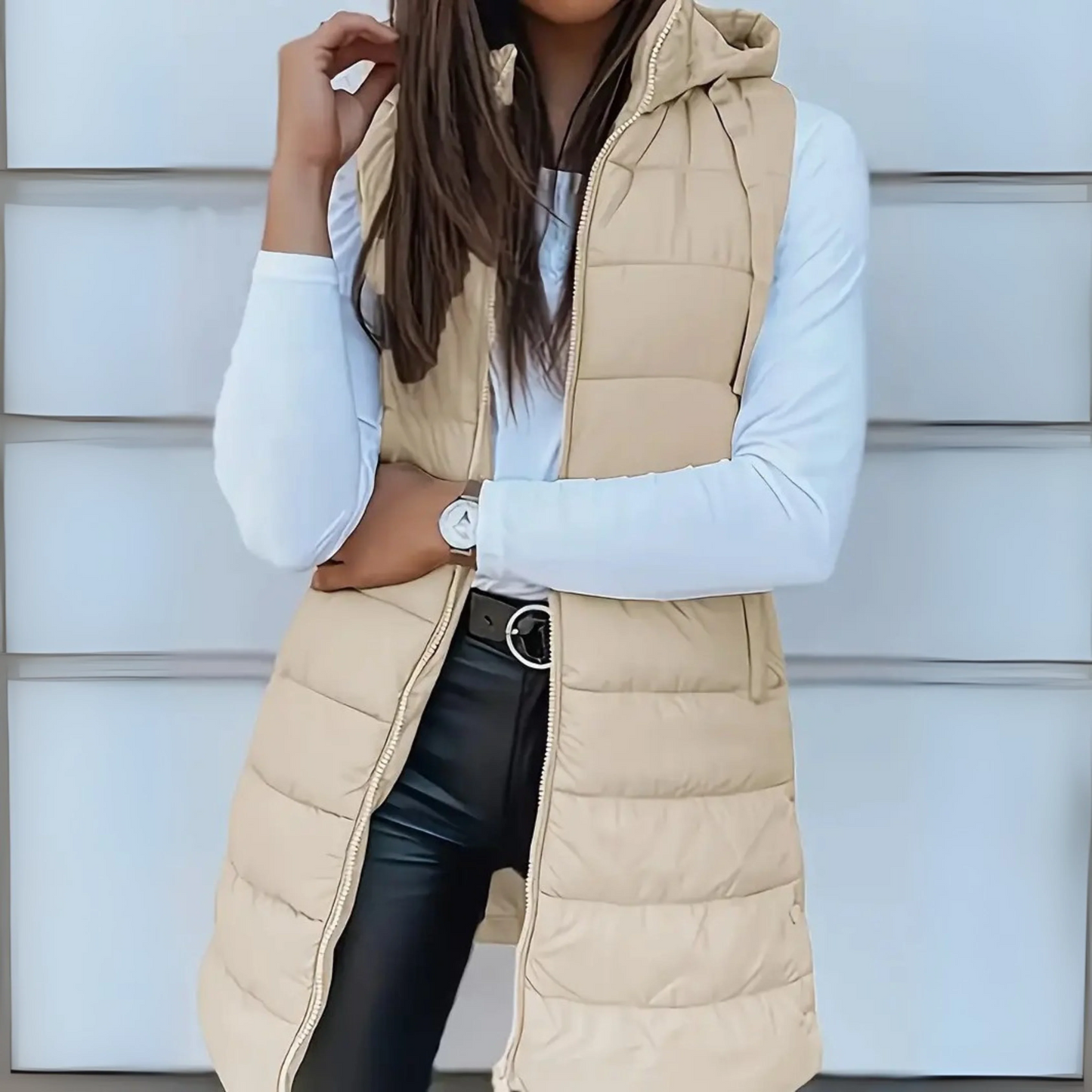 Damen Steppweste Kapuze Leicht Tailliert Beige