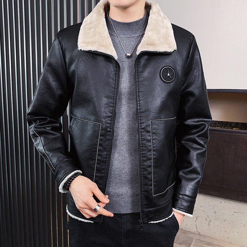 Herren Kunstlederjacke Regular Fit Fleecekragen Schwarz - Norvielle