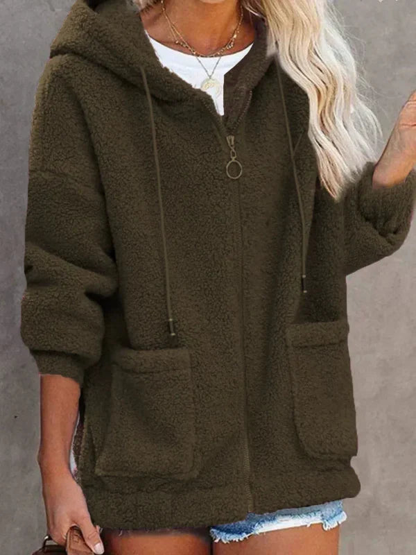 Damen Teddyjacke Oversized Kapuze Reißverschluss Beige