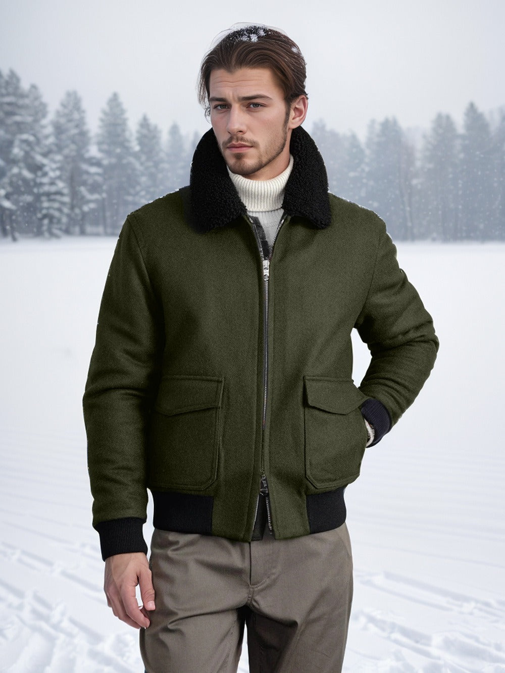 Herren Bomberjacke Shearling-Kragen Zwei-Wege-Reißverschluss