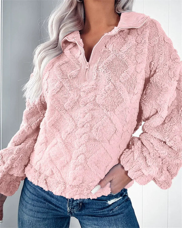 Damen Oversized Pullover Fleece Halb Reißverschluss Stehkragen