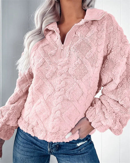 Damen Oversized Pullover Fleece Halb Reißverschluss Stehkragen