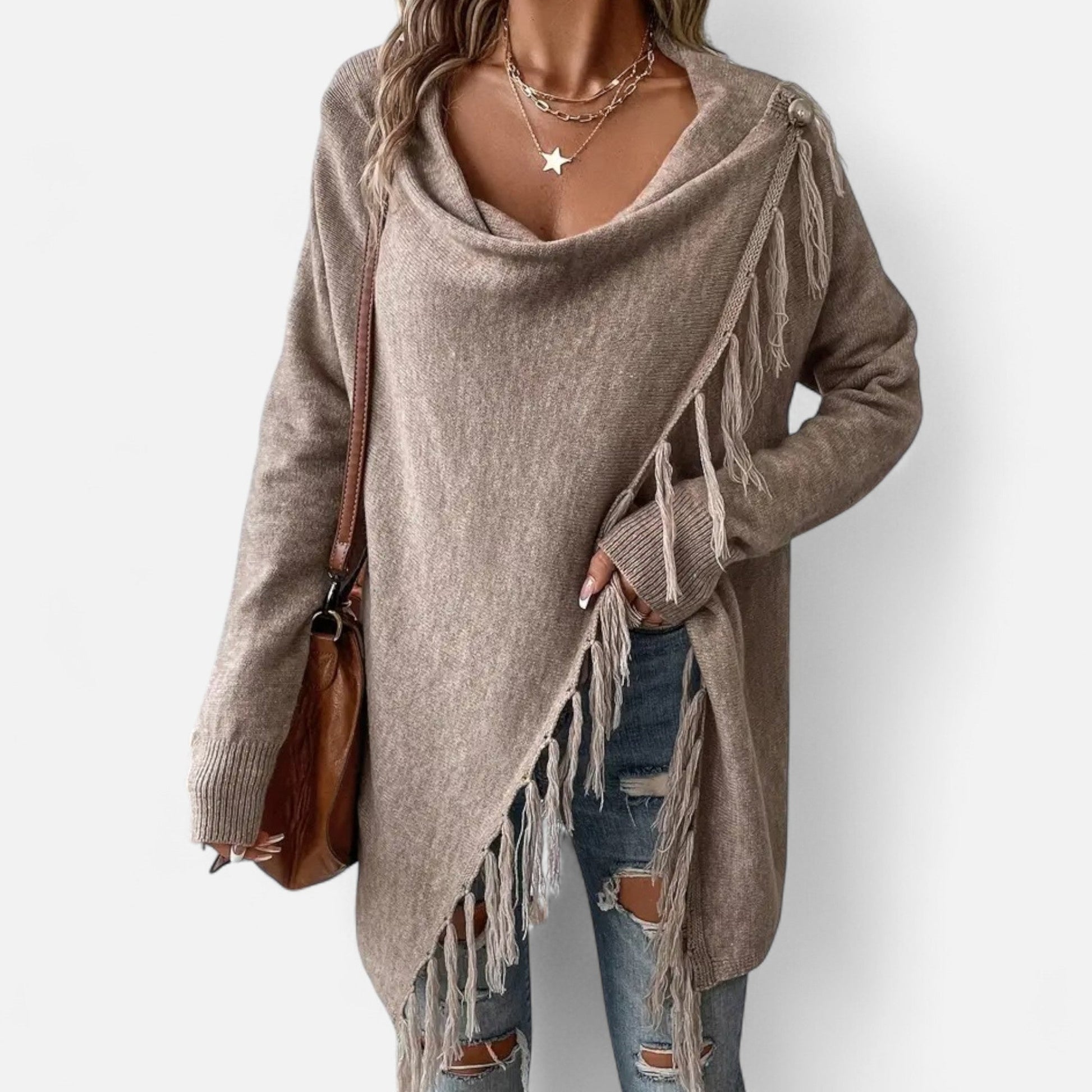 Damen Fransen-Pullover V-Ausschnitt mit Tasseln Braun - Norvielle