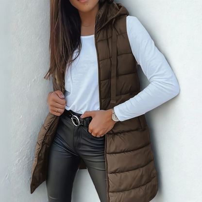 Damen Steppweste Kapuze Leicht Tailliert Beige