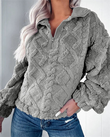 Damen Oversized Pullover Fleece Halb Reißverschluss Stehkragen