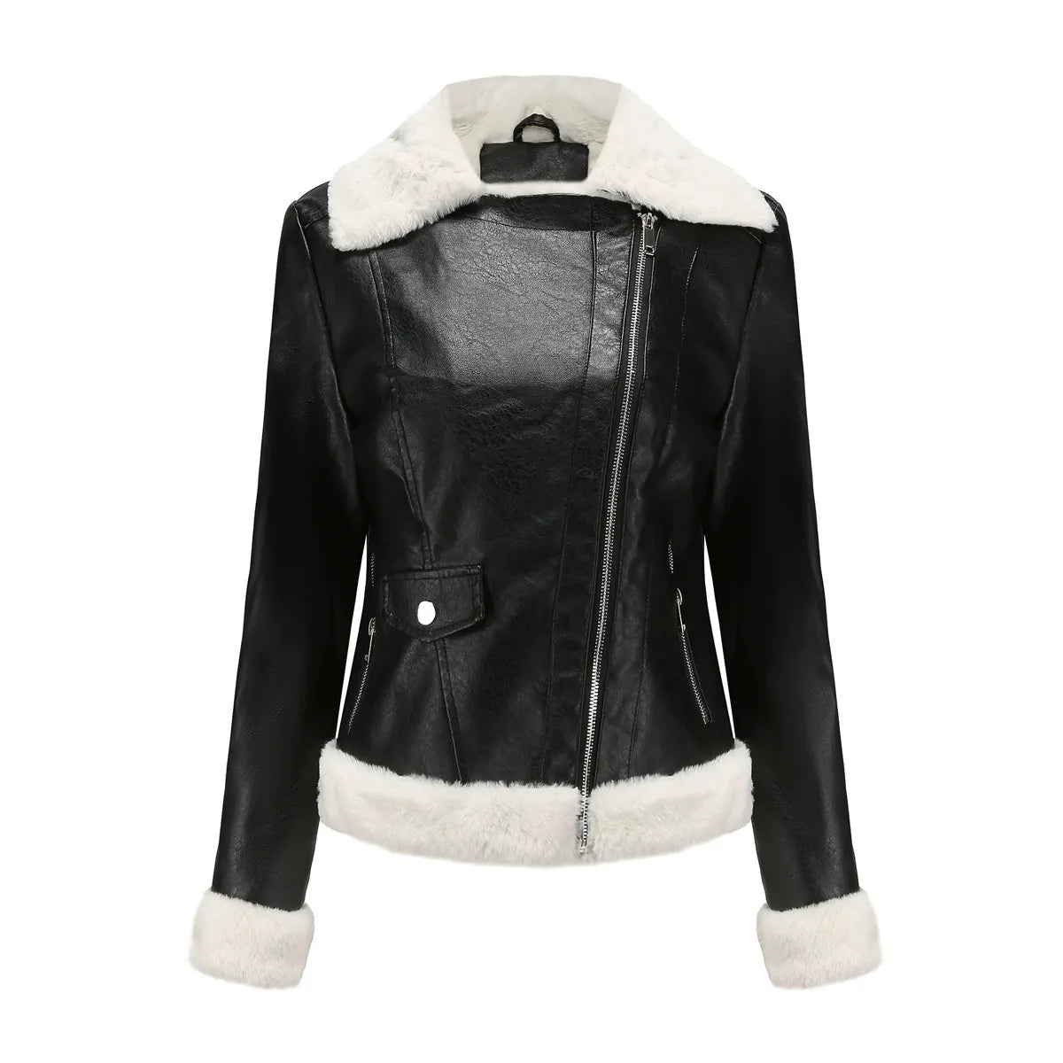 Damen Kunstlederjacke Fellfutter Asymmetrisch