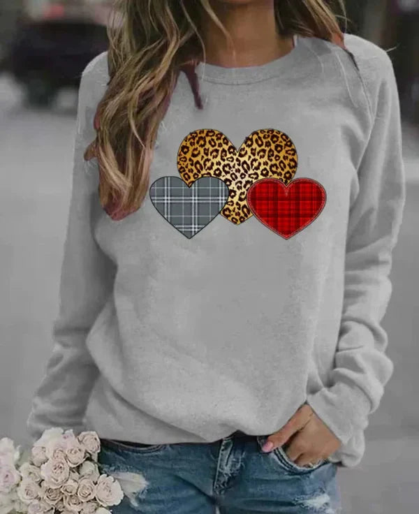Damen Sweatshirt Baumwollmischung Rundhalsausschnitt Grafit Herzdruck - Norvielle