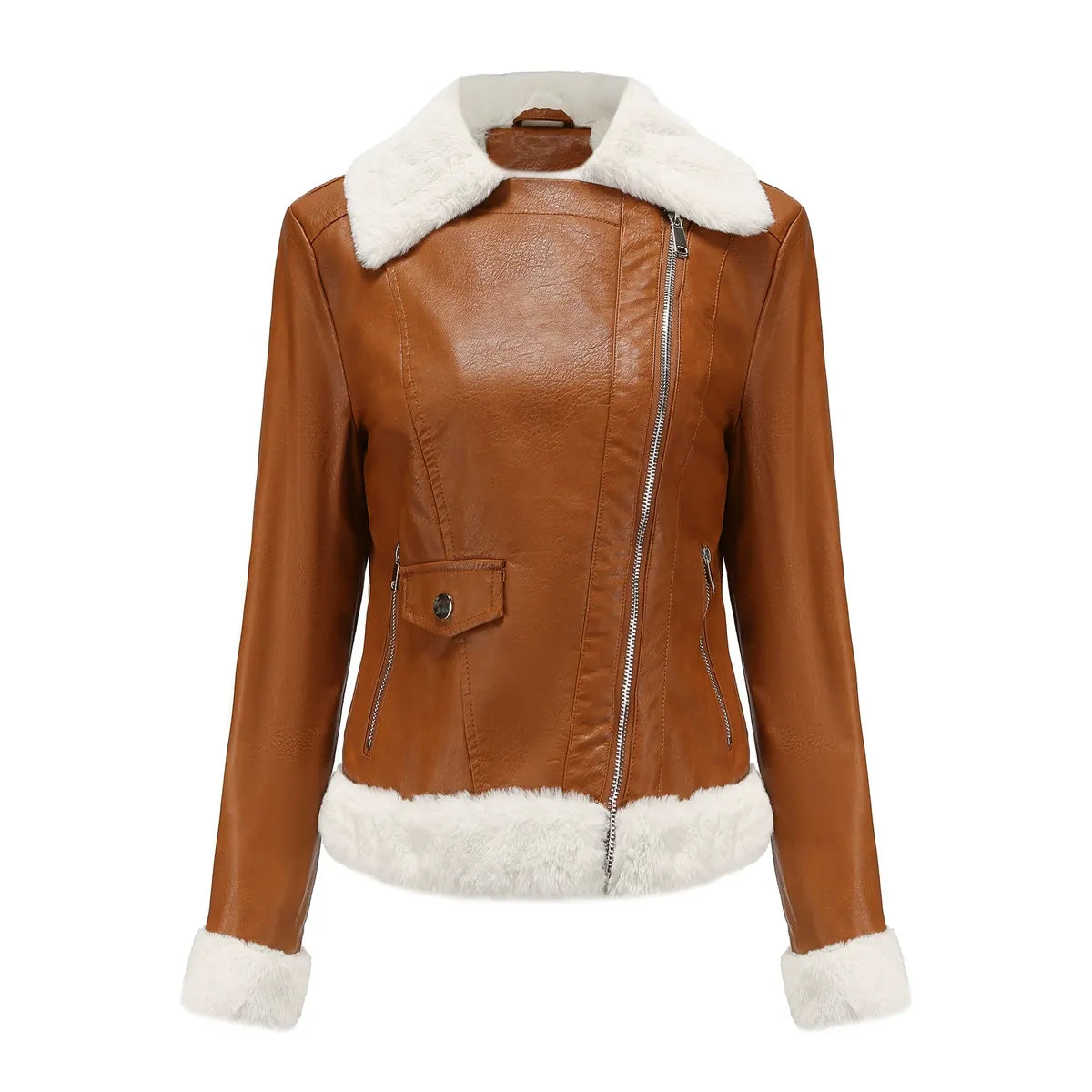 Damen Kunstlederjacke Fellfutter Asymmetrisch Schwarz - Norvielle