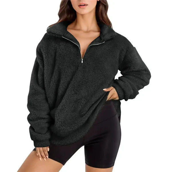 Norvielle Damen Fleecepullover Oversized Langarm Stehkragen Schwarz - Norvielle
