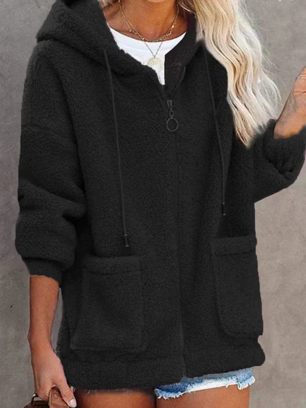 Damen Teddyjacke Oversized Kapuze Reißverschluss Beige