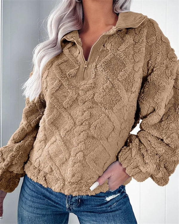 Damen Oversized Pullover Fleece Halb Reißverschluss Stehkragen - Norvielle