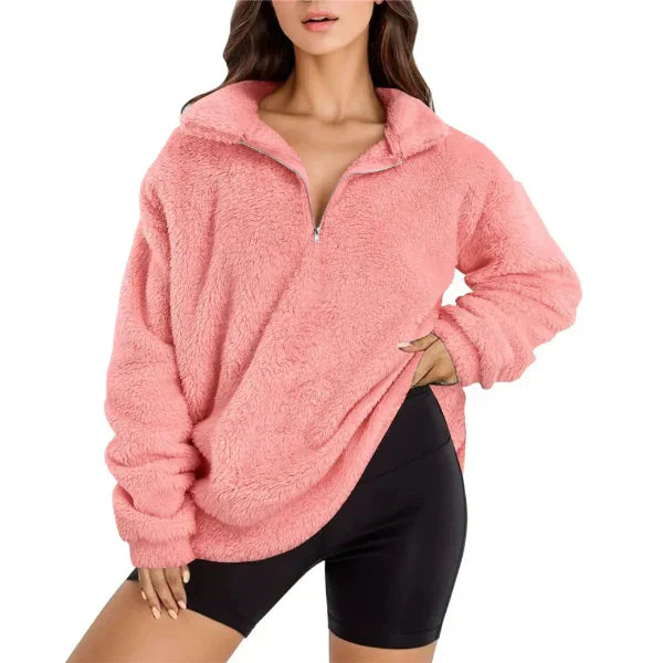 Norvielle Damen Fleecepullover Oversized Langarm Stehkragen