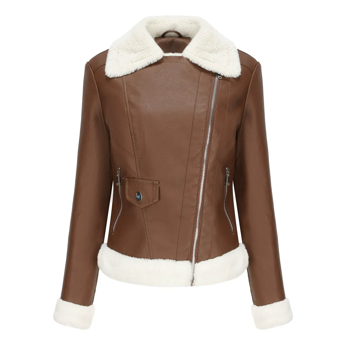 Damen Kunstlederjacke Fellfutter Asymmetrisch