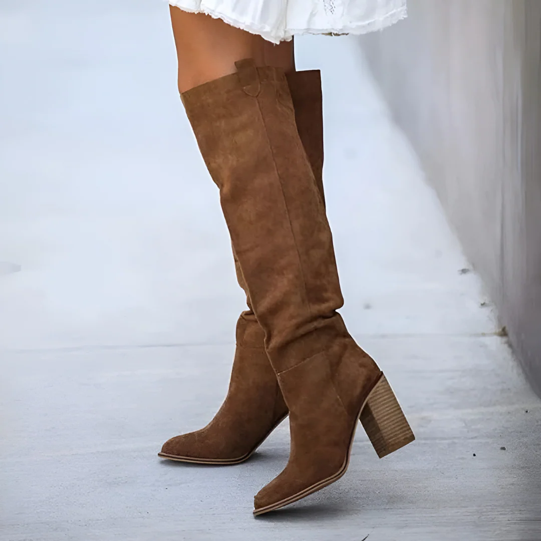 Damen Über-Knie-Stiefel Wildleder-Optik Blockabsatz Schwarz - Norvielle