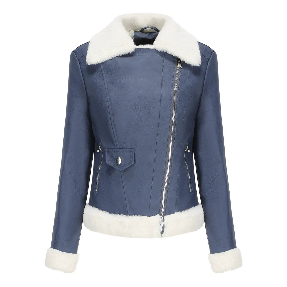 Damen Kunstlederjacke Fellfutter Asymmetrisch