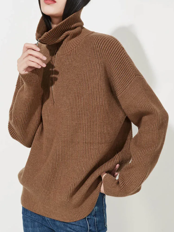 Norvielle Damen Pullover Wollstrick Lockere Passform Hoher Kragen