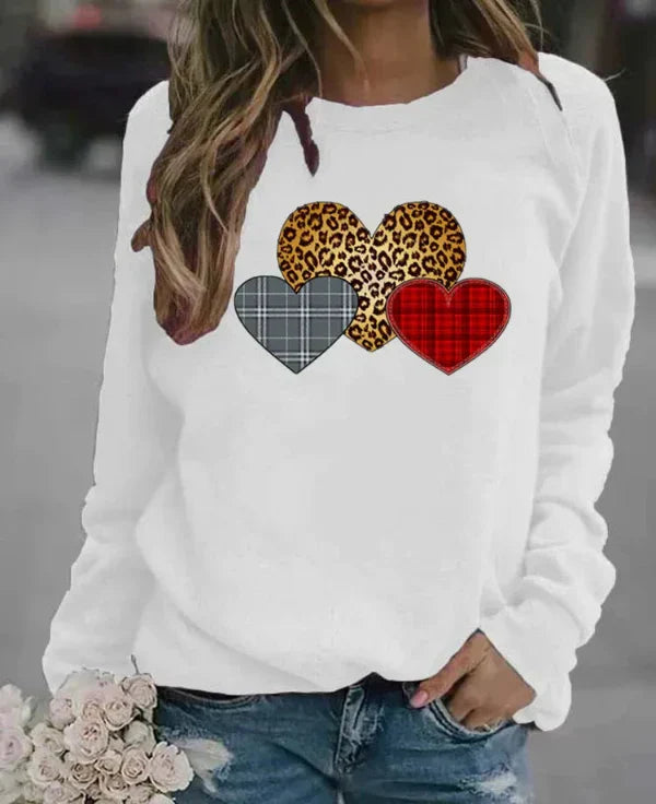 Damen Sweatshirt Baumwollmischung Rundhalsausschnitt Grafit Herzdruck