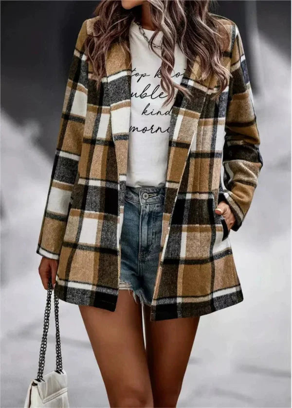 Damen Karojacke Baumwolle Leicht Beige