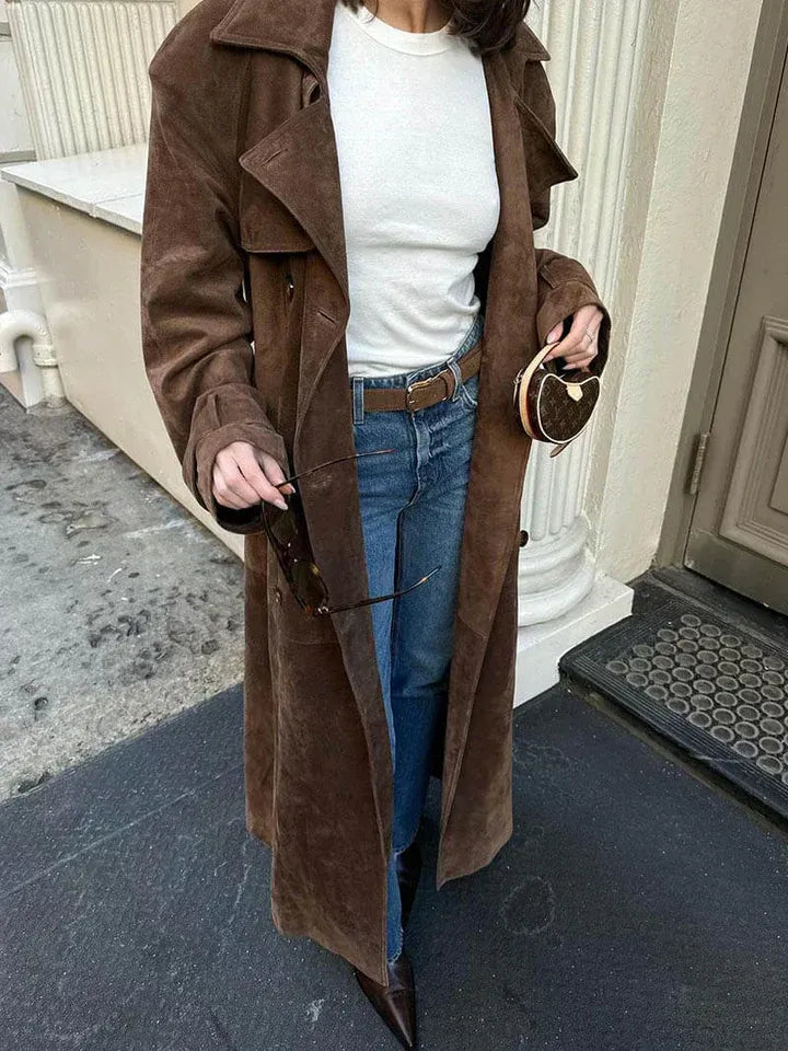 Damen Trenchcoat Wildleder-Optik Tailliert Mit Gürtel Schwarz - Norvielle