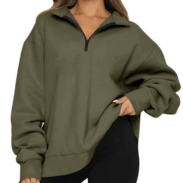 Damen Sweatshirt Oversized Baumwolle Hoher Kragen Schwarz - Norvielle