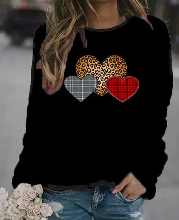 Damen Sweatshirt Baumwollmischung Rundhalsausschnitt Grafit Herzdruck