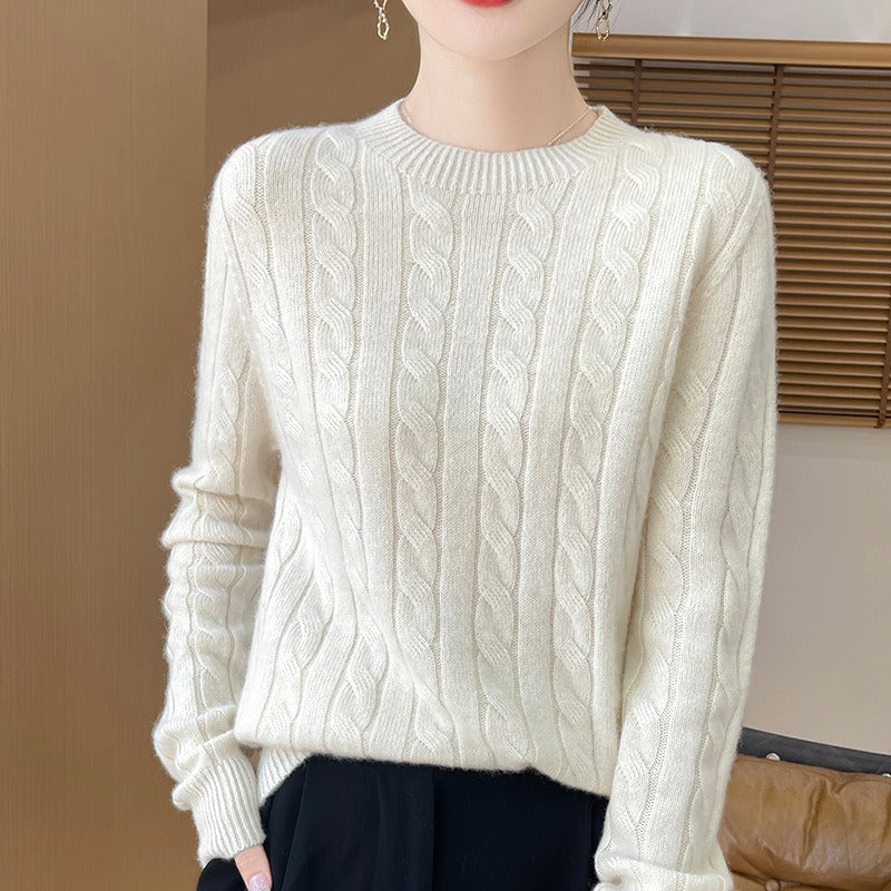 Wollpullover Damen Lockere Passform Lange Ärmel Zopfmuster Grau