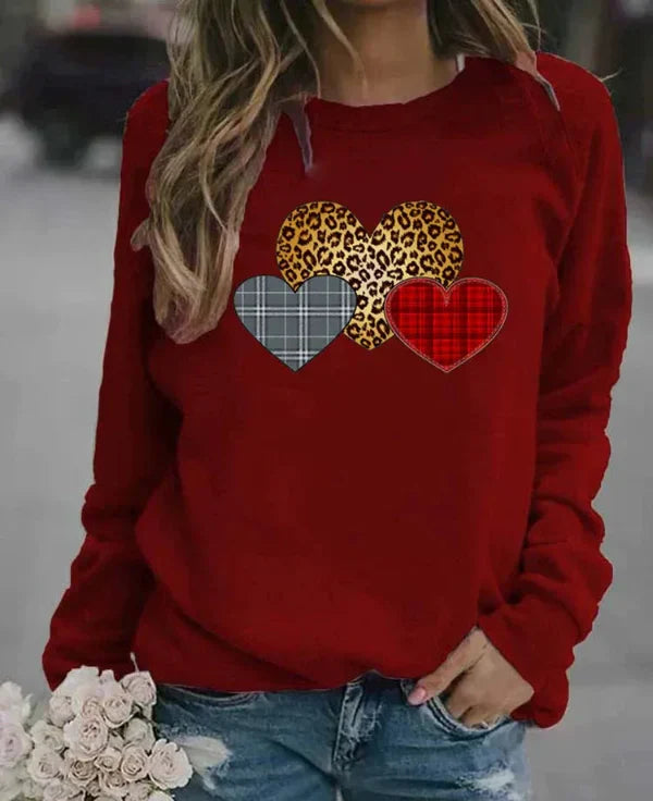Damen Sweatshirt Baumwollmischung Rundhalsausschnitt Grafit Herzdruck