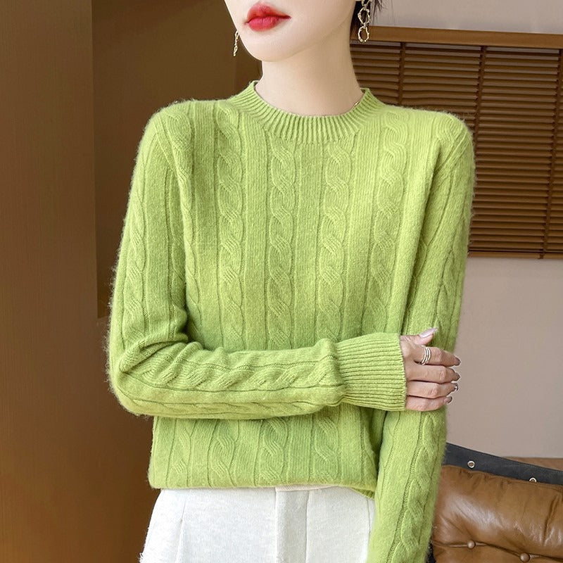 Wollpullover Damen Lockere Passform Lange Ärmel Zopfmuster Grau