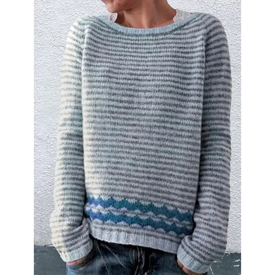 Wollpullover Damen Gestreift Langarm Lockerer Schnitt Schwarz - Norvielle