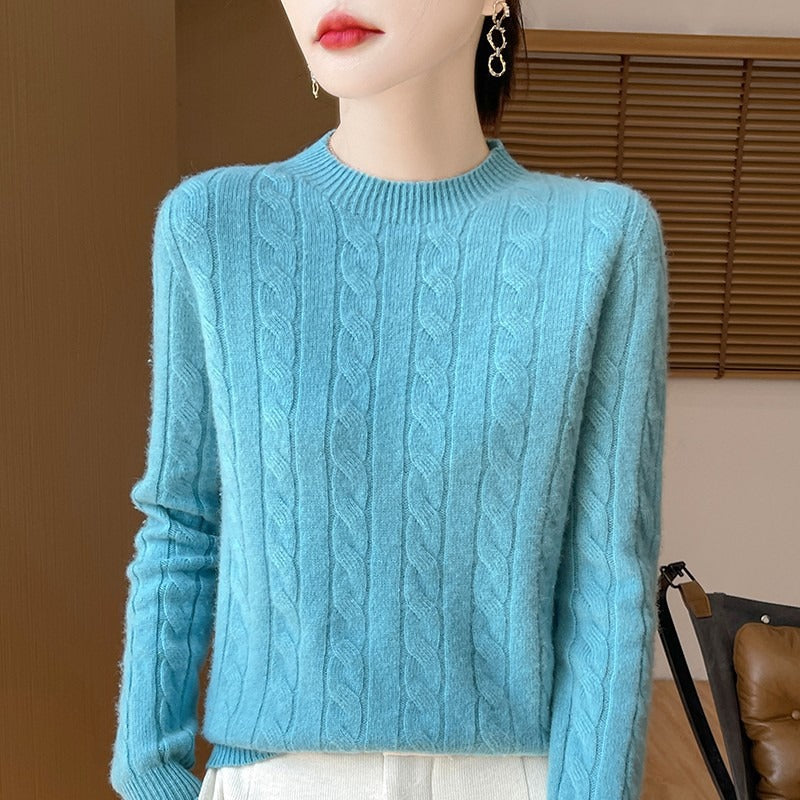 Wollpullover Damen Lockere Passform Lange Ärmel Zopfmuster Grau