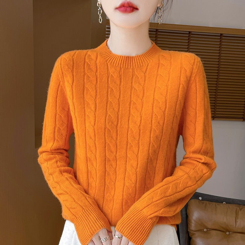 Wollpullover Damen Lockere Passform Lange Ärmel Zopfmuster Grau