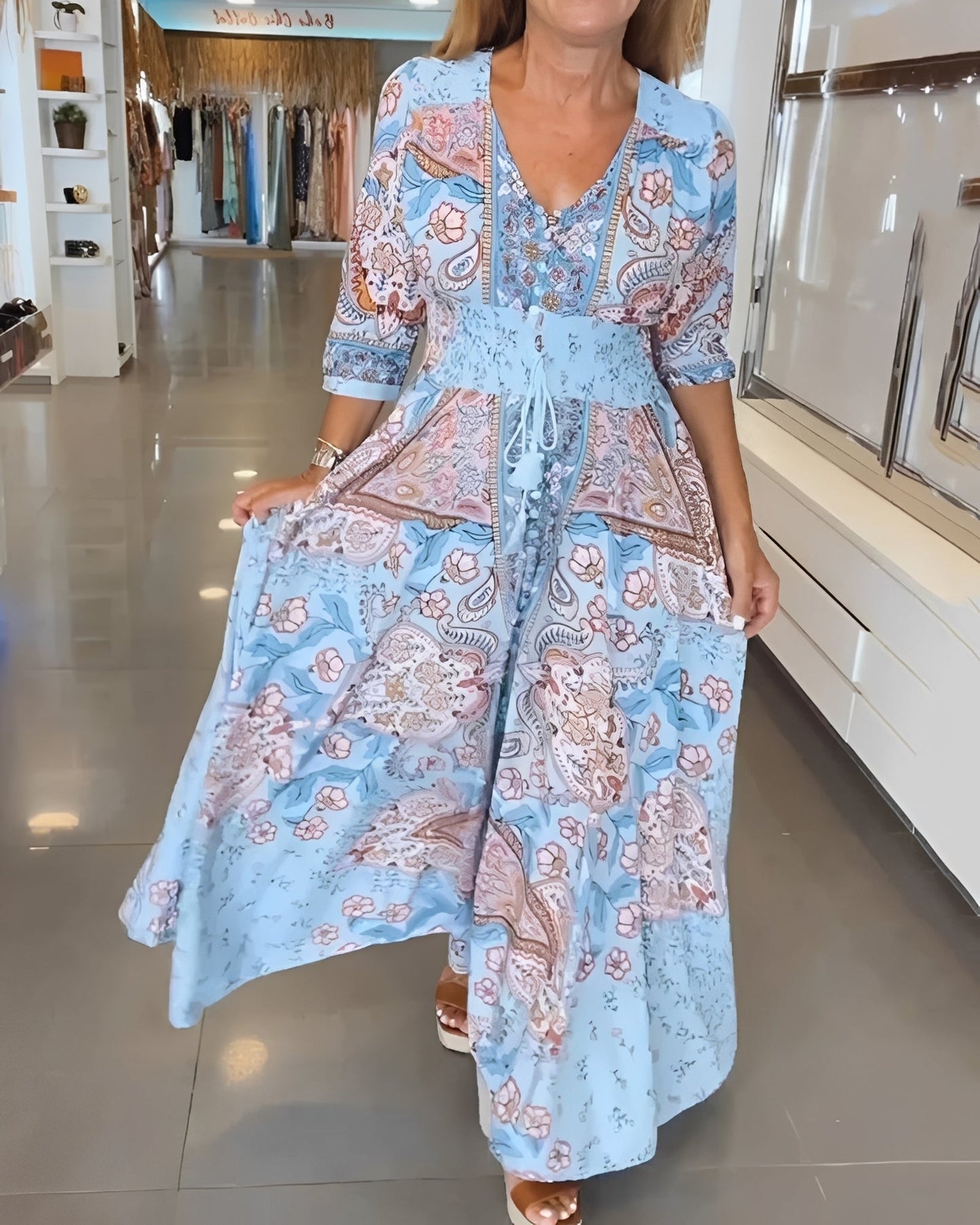 Damenkleid V-Ausschnitt Jasmin-Print Elegantes