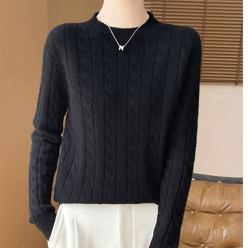 Wollpullover Damen Lockere Passform Lange Ärmel Zopfmuster Grau