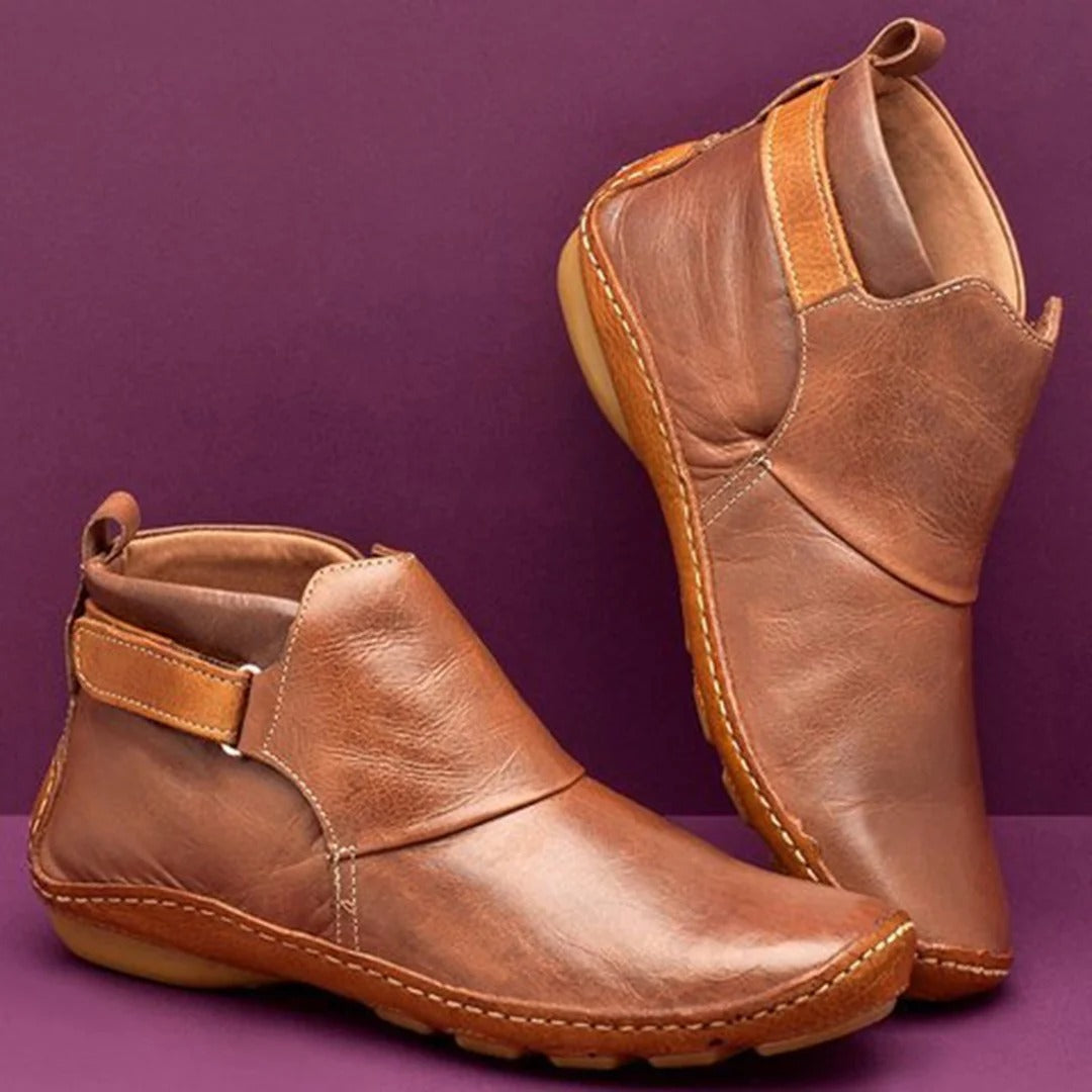 Damen Stiefeletten Glattleder Runde Spitze Riemen Braun - Norvielle