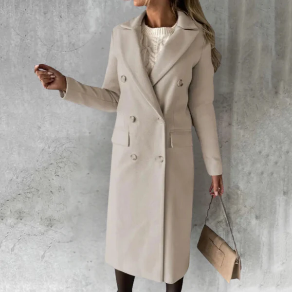 Damen Trenchcoat Wollmischung Taillierte Passform Doppelreihig Knie
