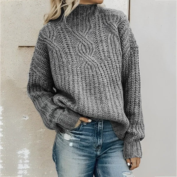 Damen Grobstrickpullover Hochkragen Uni-Farbe