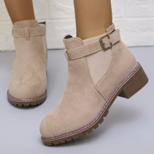 Damen Stiefeletten Wildleder Schnallenriemen Elastisch Schwarz - Norvielle