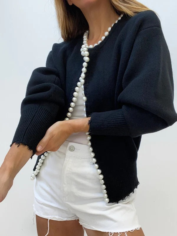 Damen Strickcardigan Relaxed Fit Offener Style Perlenkante Rohsaum - Norvielle