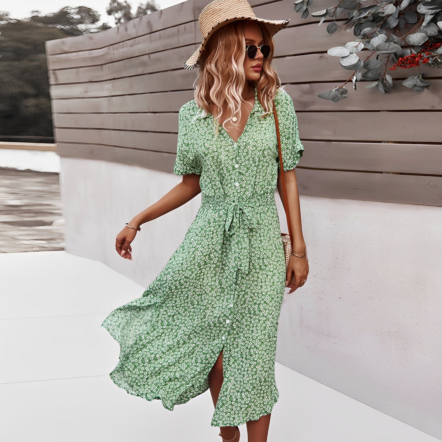 Damen Midi-Kleid Blumenmuster Sommerkleid Freizeit