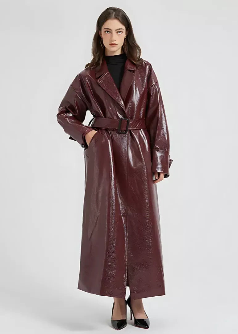 Damen Trenchcoat Glänzendes Vegan-Leder Slim-Fit Schwarz Mit Gürtel - Norvielle