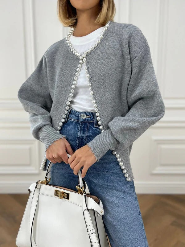 Damen Strickcardigan Relaxed Fit Offener Style Perlenkante Rohsaum