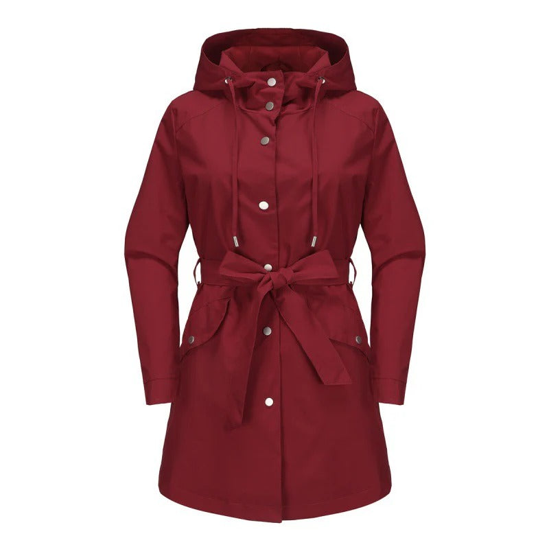 Damen Trenchcoat Locker Wasserabweisend Mit Kapuze Midi Länge - Norvielle