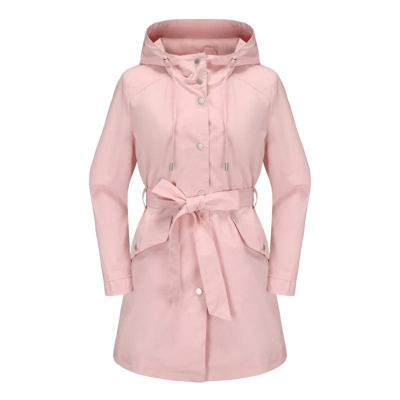Damen Trenchcoat Locker Wasserabweisend Mit Kapuze Midi Länge
