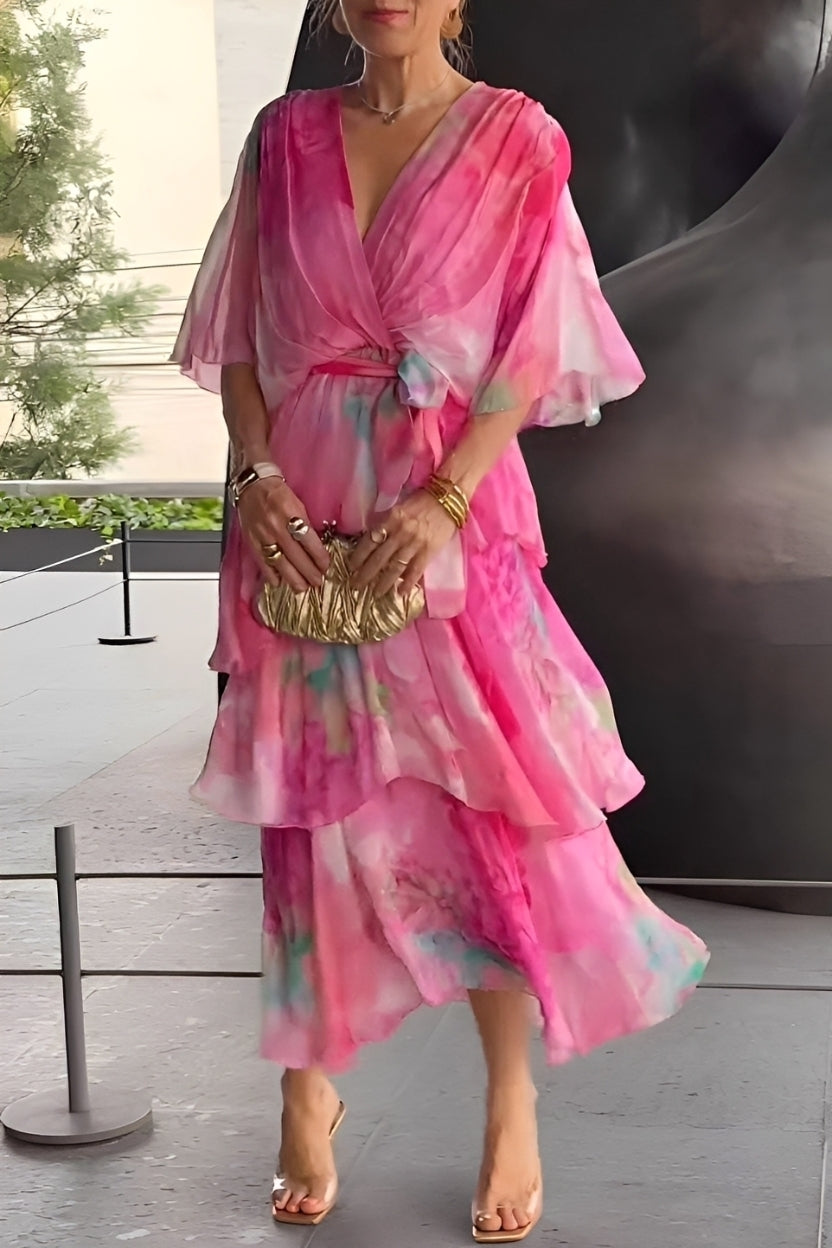 Damen Kleid V-Ausschnitt Mehrschichtig Floralmuster