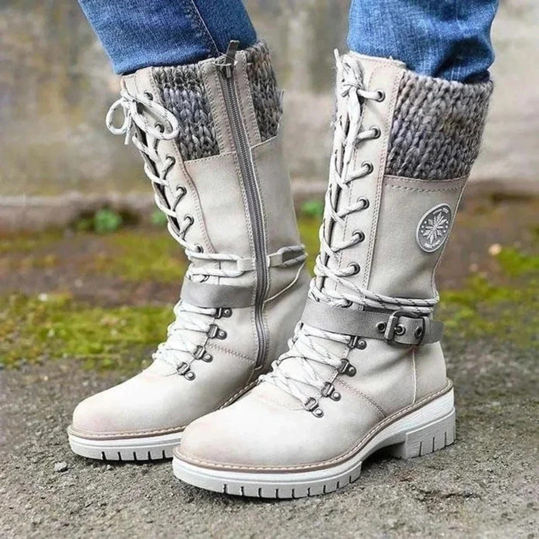 Damen Kniehohe Stiefel Wollbund Schnürfront Schwarz - Norvielle
