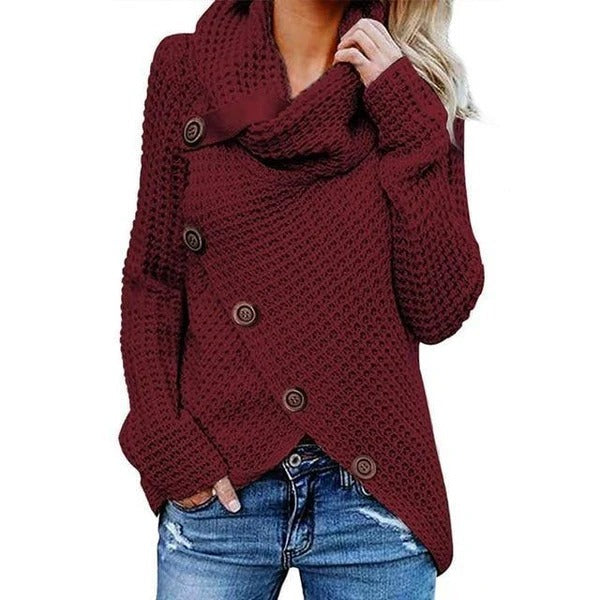 Damenwolle-Sweater Relaxed Fit Waffelstrick Asymmetrisch